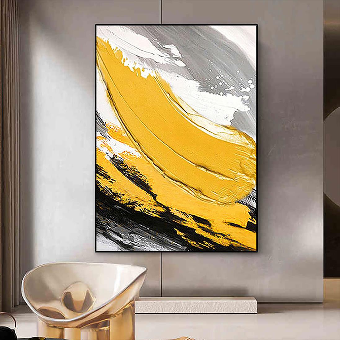 パレットナイフウォールアートミニマリズムによるブラシ抽象的な黄色油絵